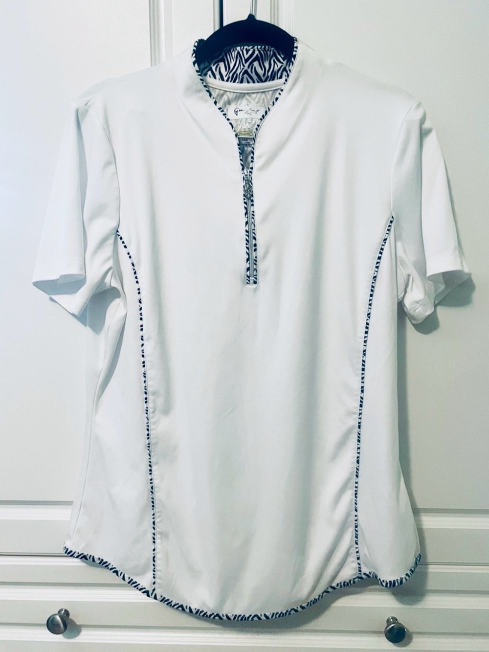 Greg Norman Ladies Golf White Polo with Black-White Zebra Trim